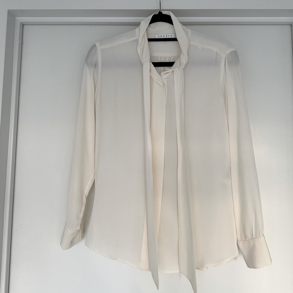 Sandro 100% silk tie neck blouse, size 2.